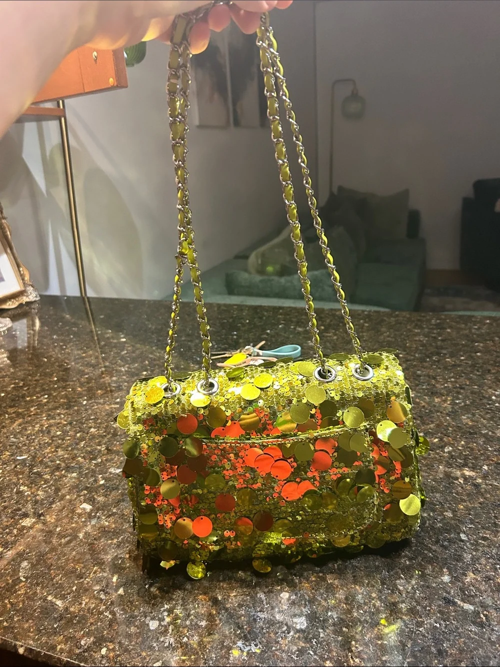 Sequined Green Shoulder Bag with Chain Strap